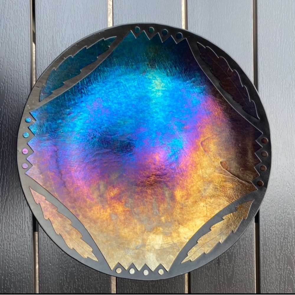 Vintage Collectible Lynn Latimer Fused Glass iridescent metal plate (12 inches)